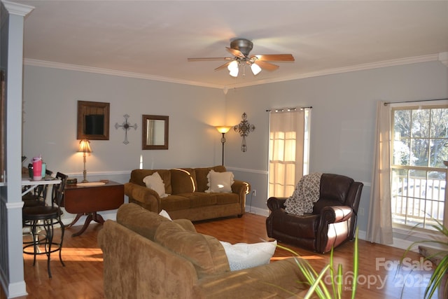 living room with ceiling fan, hardwood / wood-style floors, and crown molding