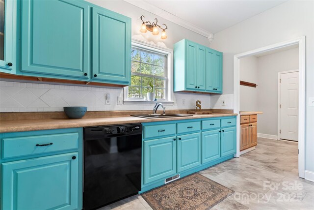 158 White Rd, Wadesboro, NC 28170 - kitchen featuring blue cabinets, decorative backsplash, and black dishwasher