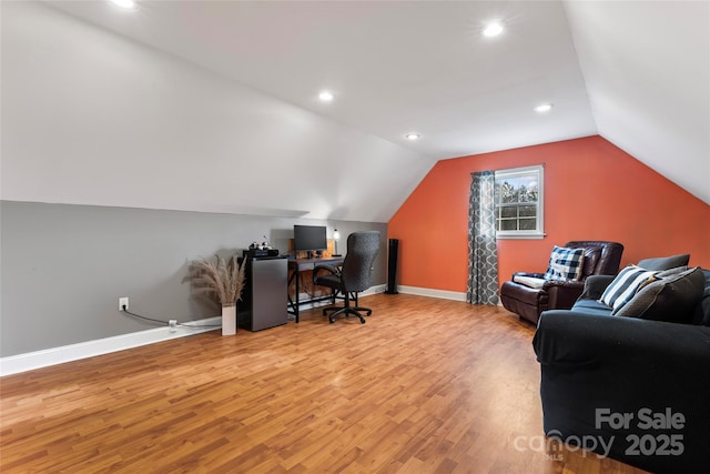 158 White Rd, Wadesboro, NC 28170 - office area with recessed lighting, baseboards, lofted ceiling, and wood finished floors