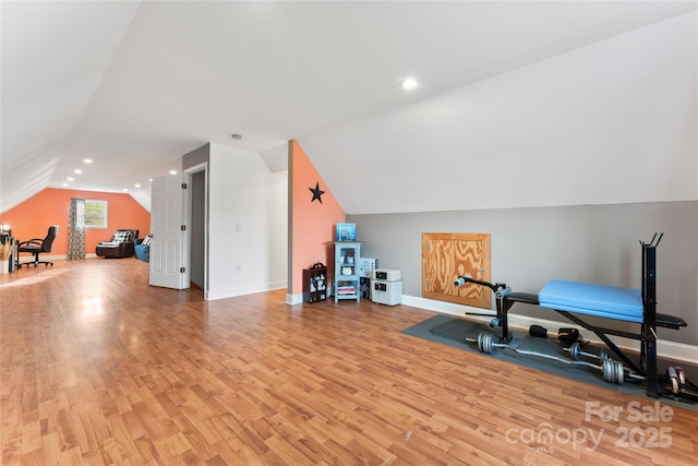 158 White Rd, Wadesboro, NC 28170 - exercise room featuring lofted ceiling, light wood-style flooring, recessed lighting, and baseboards