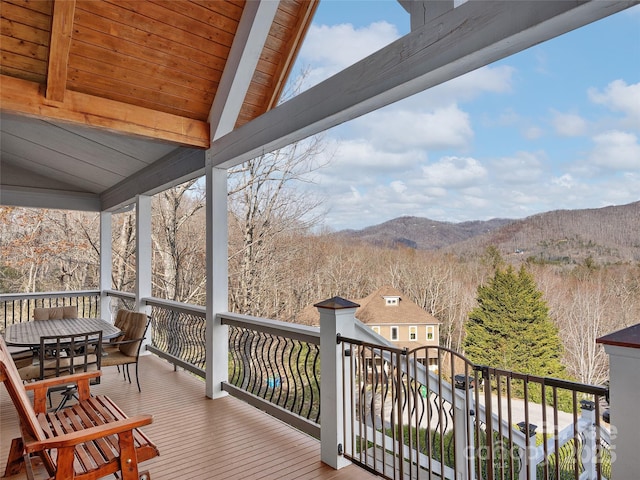 wooden deck with a mountain view