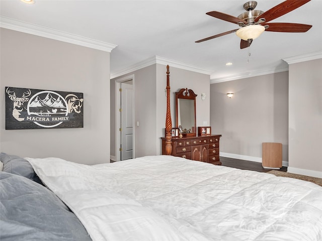 bedroom featuring baseboards, ornamental molding, recessed lighting, wood finished floors, and a ceiling fan