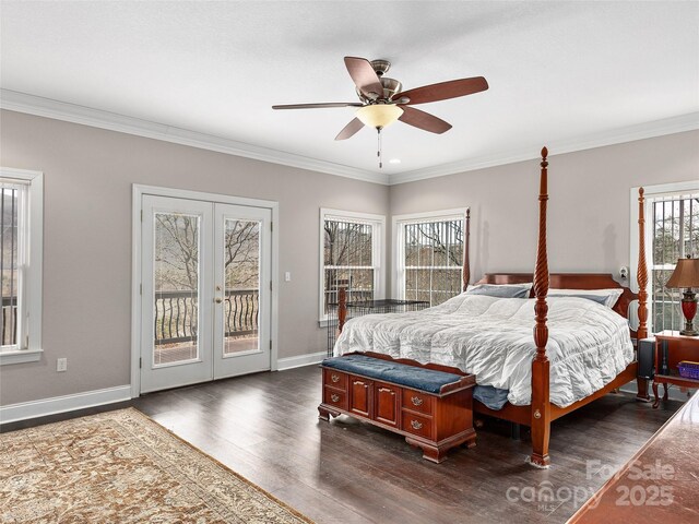 bedroom with french doors, crown molding, baseboards, access to exterior, and dark wood-style flooring