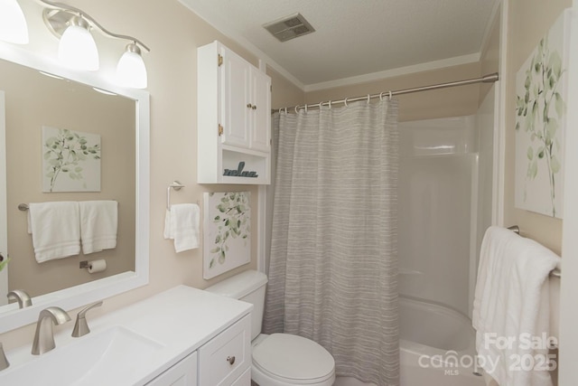 full bathroom featuring shower / bathtub combination with curtain, a textured ceiling, toilet, vanity, and ornamental molding