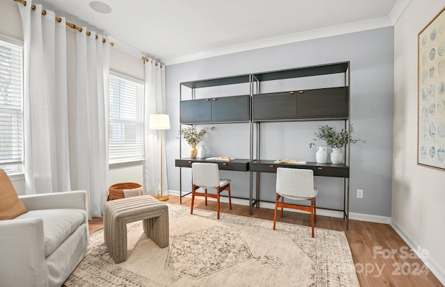 interior space featuring hardwood / wood-style flooring, a healthy amount of sunlight, and crown molding