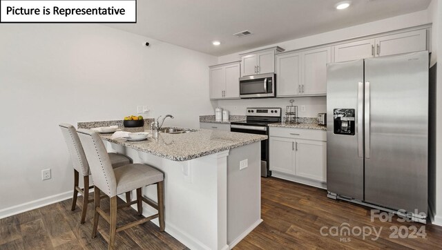 kitchen with dark hardwood / wood-style flooring, stainless steel appliances, light stone counters, and sink