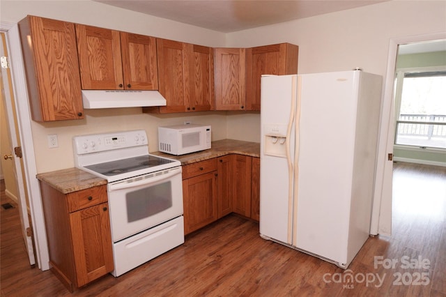 kitchen with white appliances and hardwood / wood-style flooring