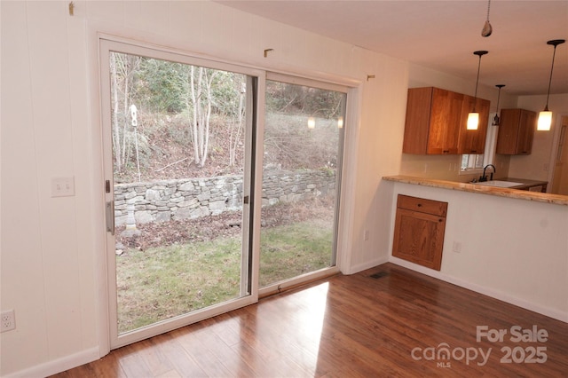 kitchen featuring sink, hanging light fixtures, and dark hardwood / wood-style floors