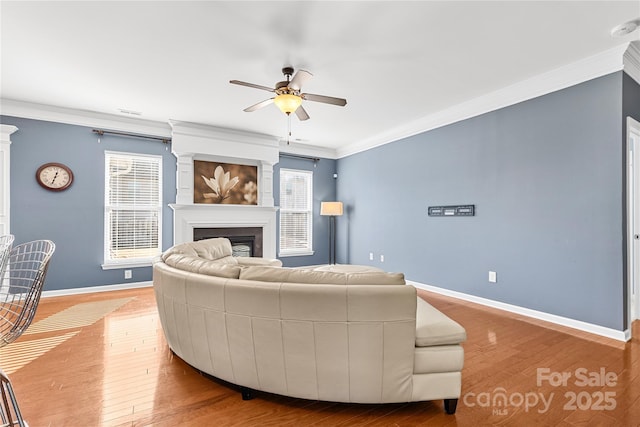 living room featuring a large fireplace, crown molding, a wealth of natural light, and light hardwood / wood-style flooring