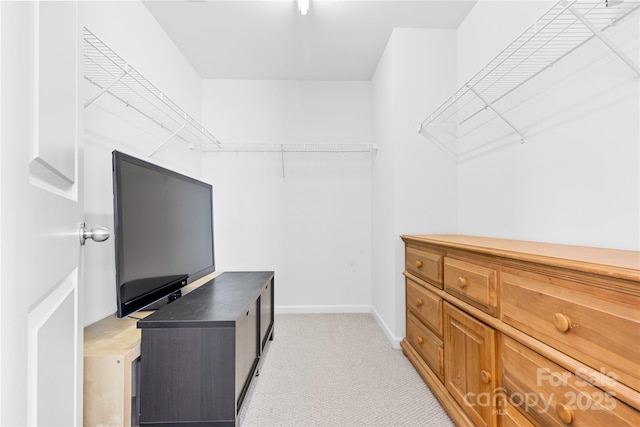 walk in closet with light carpet