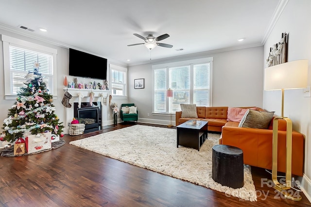 living room with a wealth of natural light, crown molding, ceiling fan, and wood-type flooring