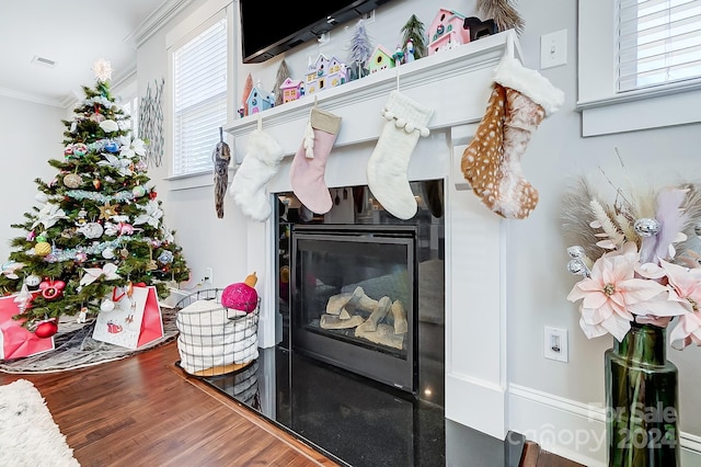 details featuring ornamental molding and hardwood / wood-style flooring