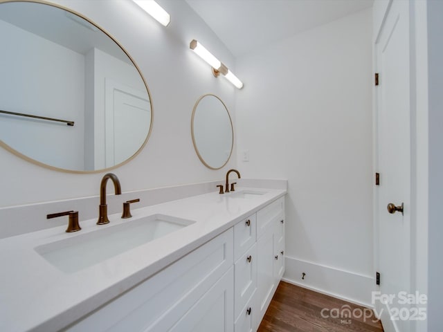 bathroom with hardwood / wood-style flooring and vanity