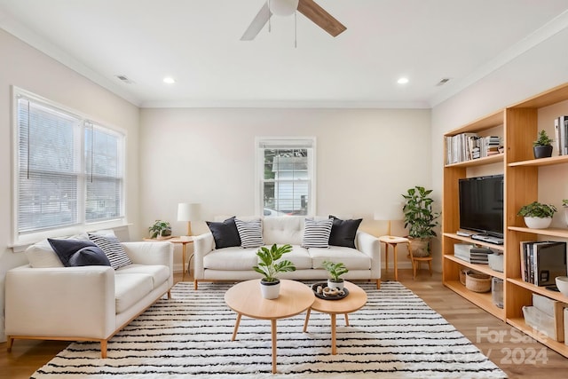 living room featuring ceiling fan, light wood-type flooring, and ornamental molding