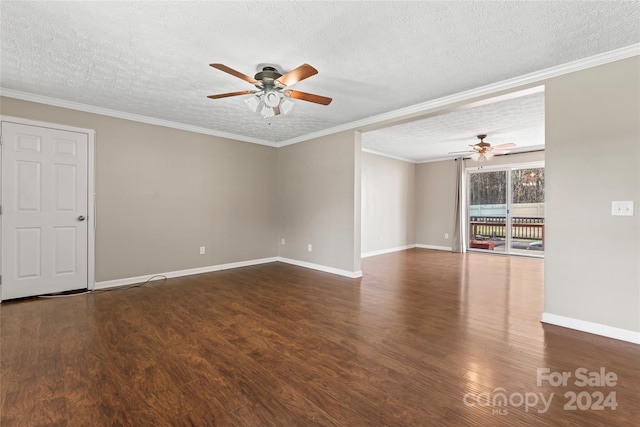 unfurnished room with ceiling fan, ornamental molding, a textured ceiling, and dark wood-type flooring