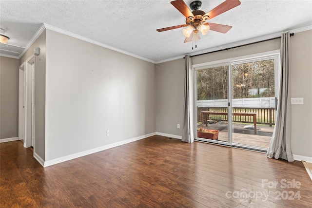 empty room featuring ceiling fan, dark hardwood / wood-style flooring, crown molding, and a textured ceiling