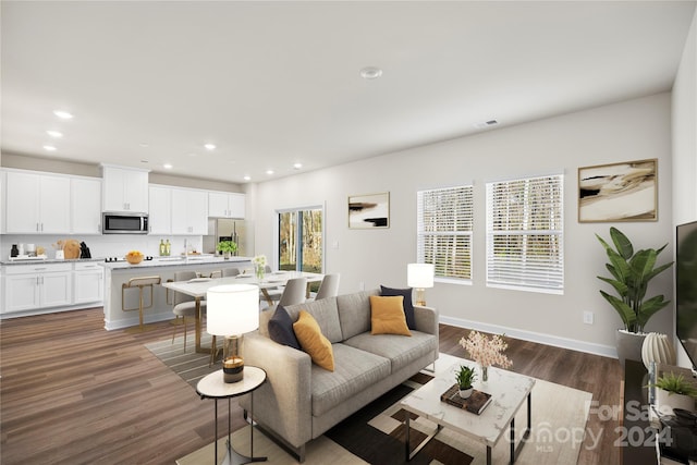 living room featuring dark hardwood / wood-style floors and sink