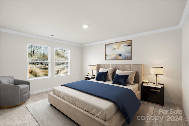 bedroom with carpet flooring and ornamental molding