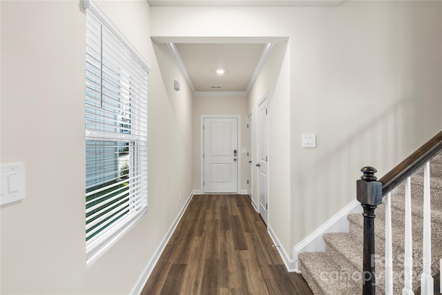 corridor featuring dark hardwood / wood-style flooring and ornamental molding