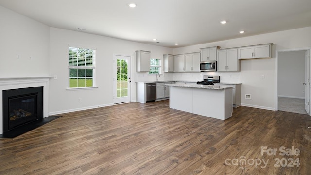 kitchen featuring light stone countertops, dark hardwood / wood-style flooring, stainless steel appliances, sink, and a center island