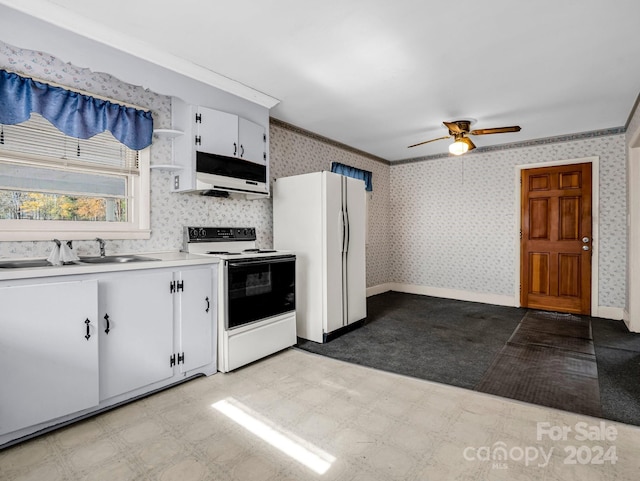 kitchen featuring white appliances, sink, crown molding, ceiling fan, and white cabinetry