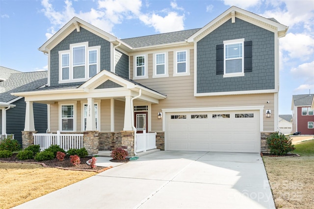 craftsman house featuring a porch and a garage