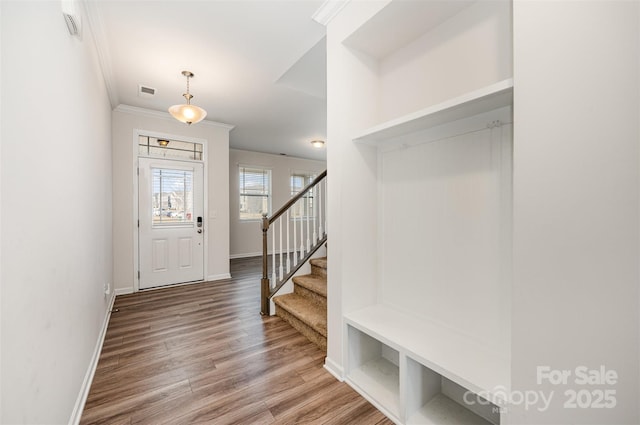 entryway with wood-type flooring and ornamental molding