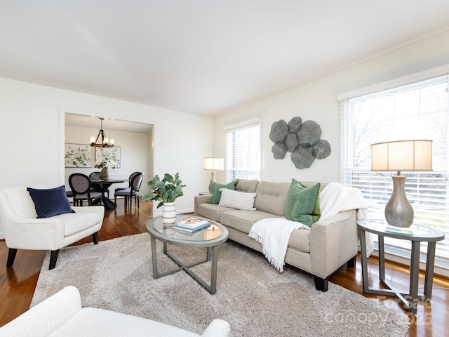 living room with a chandelier and hardwood / wood-style floors