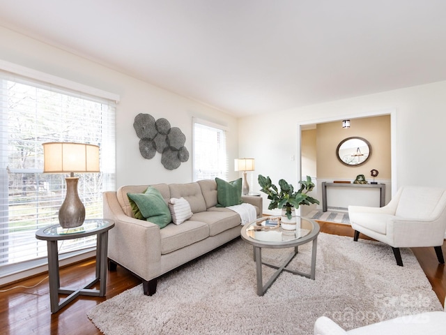 living room with plenty of natural light and wood-type flooring