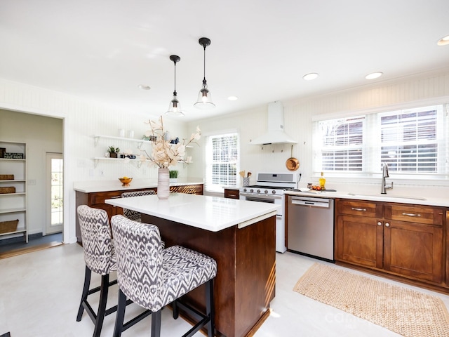 kitchen featuring dishwasher, a center island, custom exhaust hood, white stove, and sink