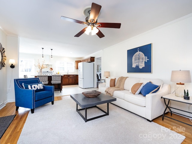 living room with ceiling fan, crown molding, and light hardwood / wood-style floors