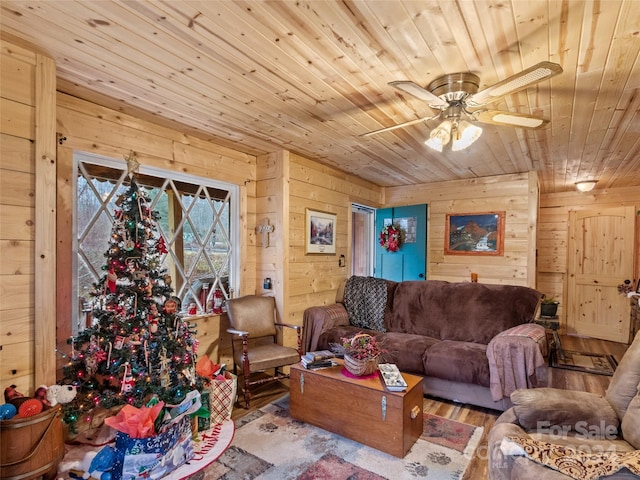 living room with ceiling fan, wood walls, and wood ceiling