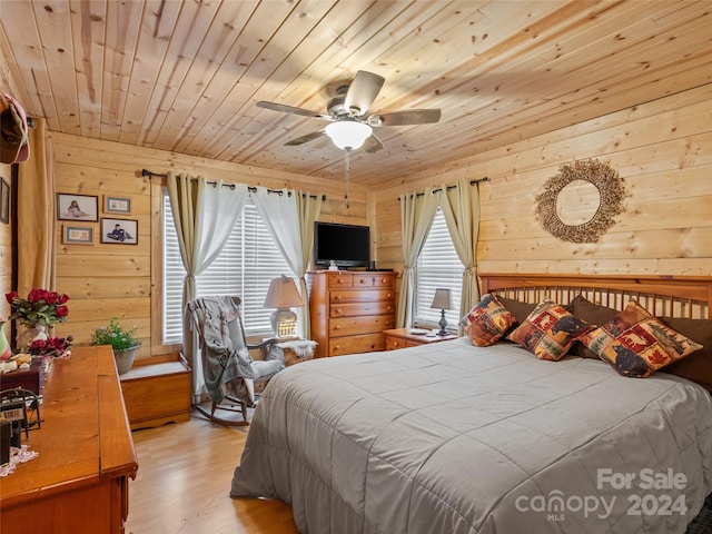 bedroom with light wood-type flooring, wooden walls, and wooden ceiling