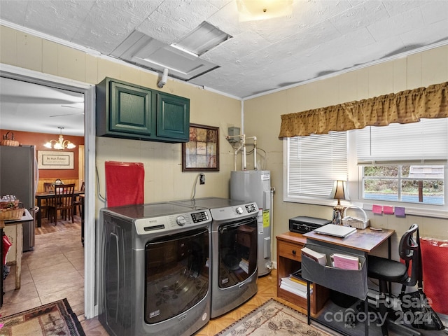 laundry room with crown molding, washer and dryer, light tile patterned floors, water heater, and a notable chandelier