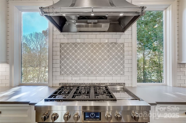 kitchen with white cabinetry, decorative backsplash, exhaust hood, and stove