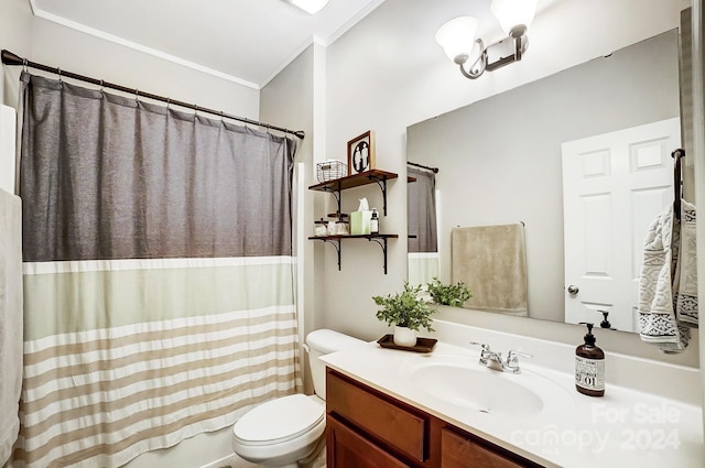 full bathroom featuring crown molding, vanity, shower / bath combo, and toilet