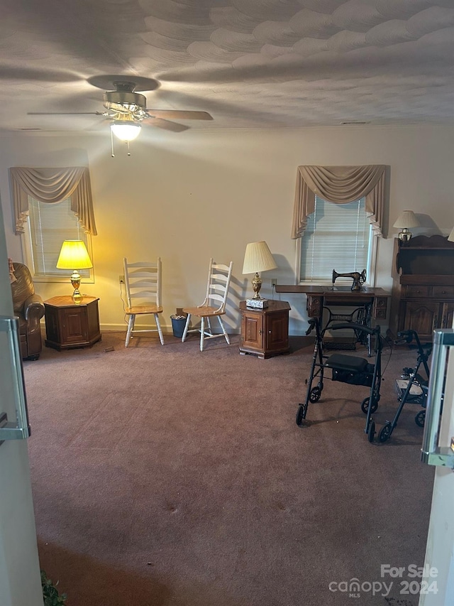 interior space featuring ceiling fan and carpet