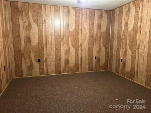 carpeted empty room featuring wood walls