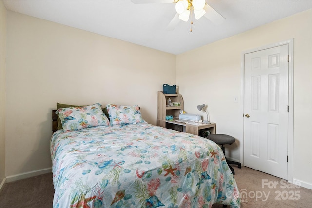 bedroom with light carpet, baseboards, and ceiling fan