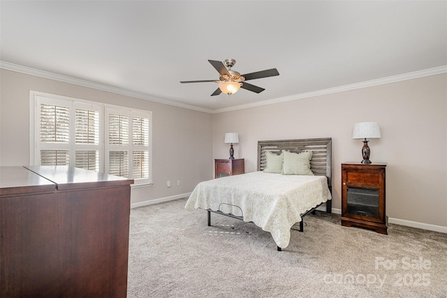 bedroom featuring ceiling fan, crown molding, and light carpet