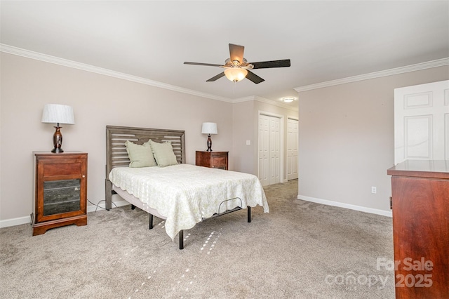 bedroom with light carpet, a closet, ceiling fan, and crown molding