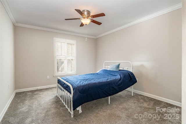 carpeted bedroom with ceiling fan and crown molding