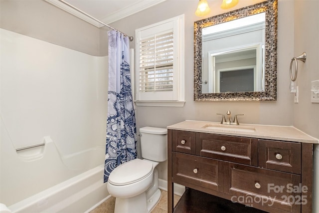 full bathroom featuring shower / bath combo, tile patterned floors, ornamental molding, vanity, and toilet