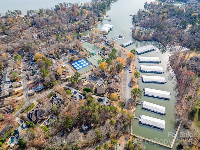 drone / aerial view with a water view