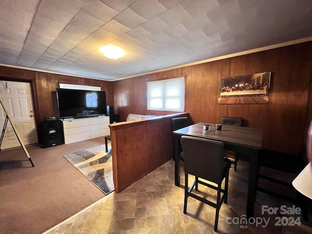 interior space with ornamental molding, light carpet, and wooden walls