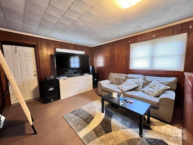 living room featuring carpet flooring, crown molding, and wood walls