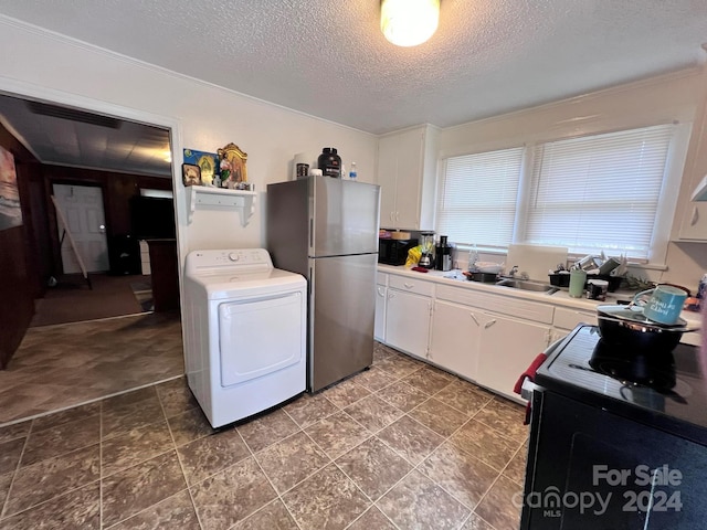 kitchen with white cabinets, black electric range, washer / clothes dryer, a textured ceiling, and stainless steel refrigerator