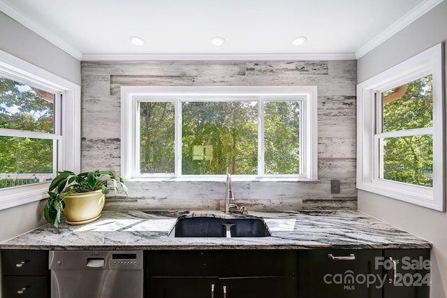 interior space with stainless steel dishwasher and a healthy amount of sunlight