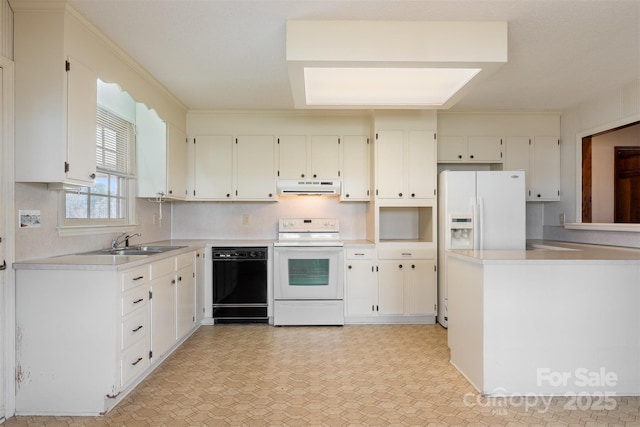 kitchen with sink, white cabinets, and white appliances