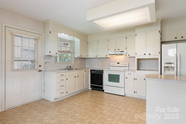 kitchen with sink, backsplash, white cabinets, and white appliances